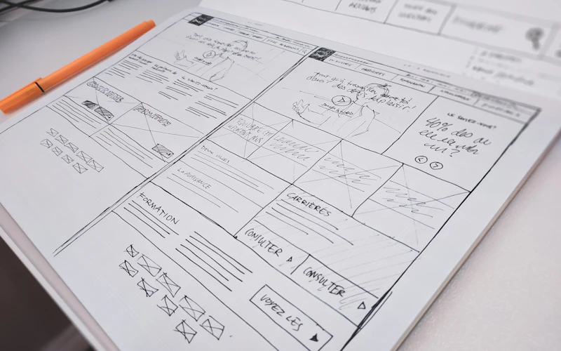 Hand-drawn website wireframes on paper beside an orange pen