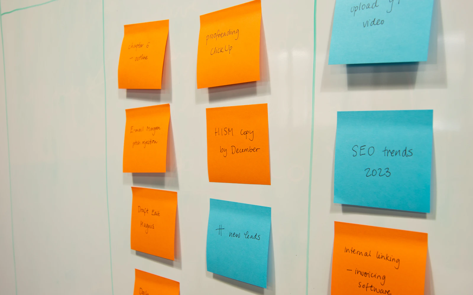 Handwritten workflow tasks organized on a whiteboard