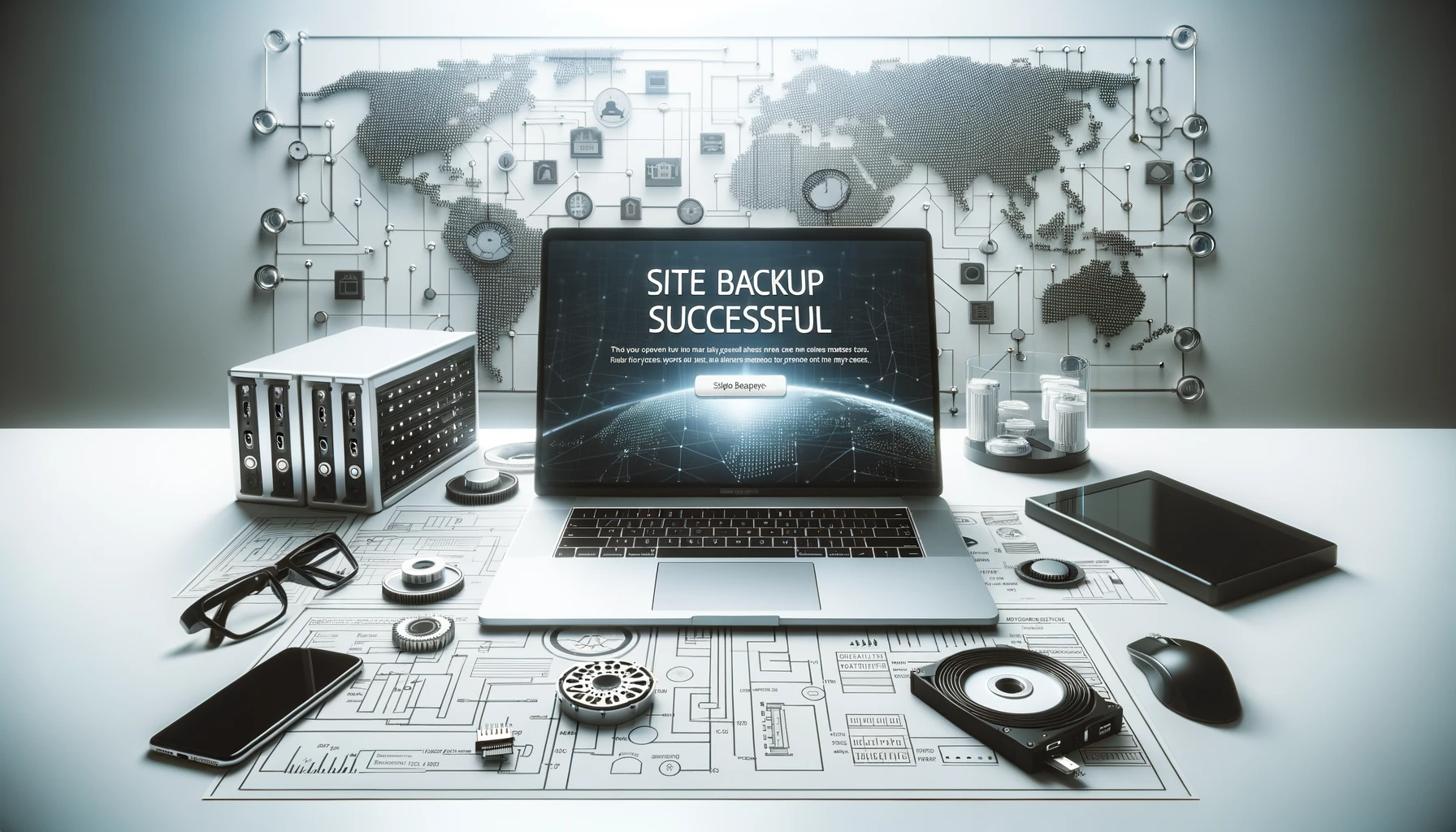 Workspace with computer displaying 'Site Restoration Complete' message, emphasizing the importance of website backup and disaster recovery planning.